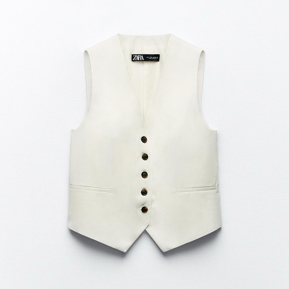 New Zara Linen Tailored Waistcoat Button Vest Light Beige XS - Picture 5 of 6